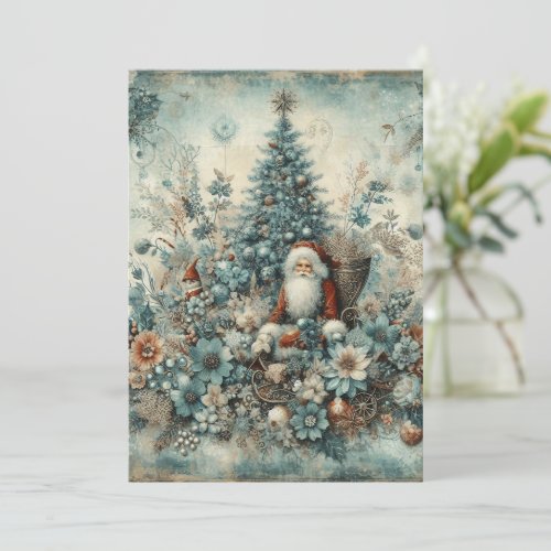 Flat Non-Photo Vintage Blue Santa Christmas Card
