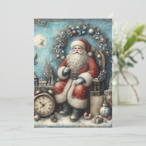 Flat Non-Photo Vintage Blue Santa Christmas Card