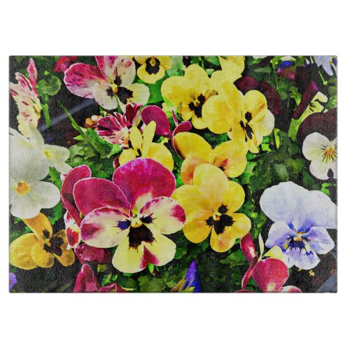 Flat of Pansies Mixed Colors Cutting Board