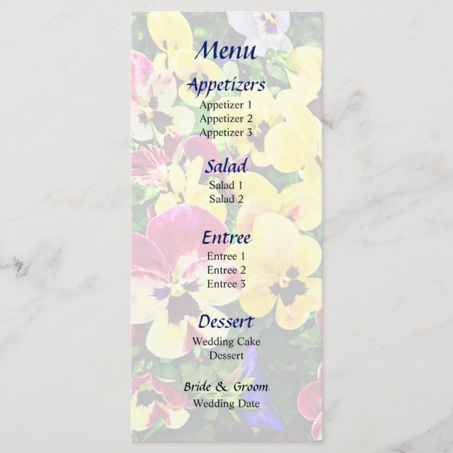 Flat of Pansies Mixed Colors Wedding Menu (Front)
