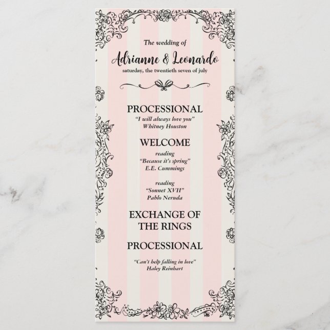 Flat Paris Chic Ornate Pink Stripes Wedding  Program (Front)