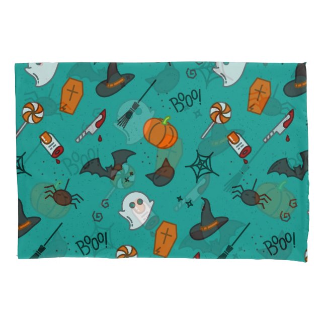 Flat-Style Halloween Turquoise Pattern. Pillow Case (Front)