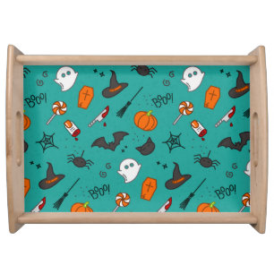 Flat-Style Halloween Turquoise Pattern. Serving Tray