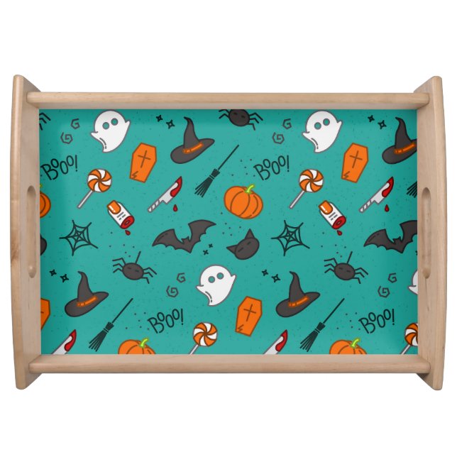 Flat-Style Halloween Turquoise Pattern. Serving Tray (Front)