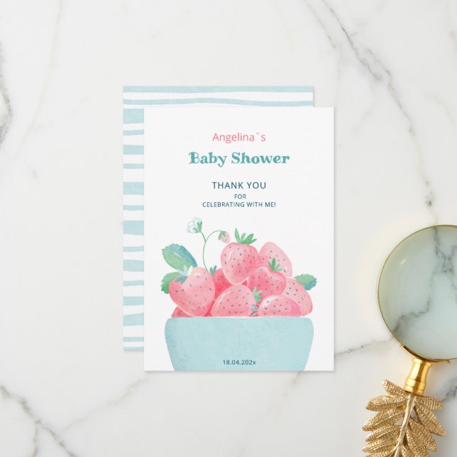 Flat Thank You Baby Shower Card Strawberries (Front/Back In Situ)