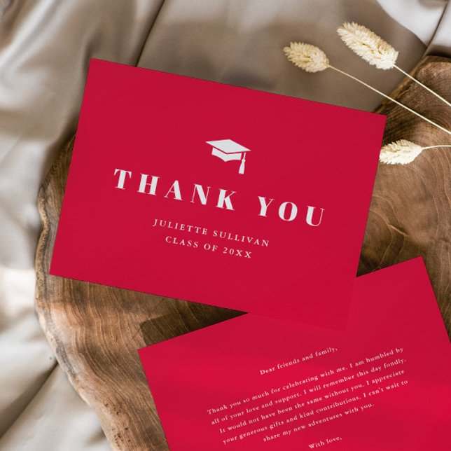 Flat Thank You Card (Simple, elegant typography with cap and tassel double-sided graduation thank you note cards.)