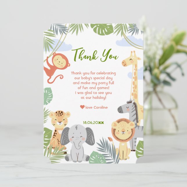 Flat Thank You Card 1st Birthday with cute animals (Standing Front)