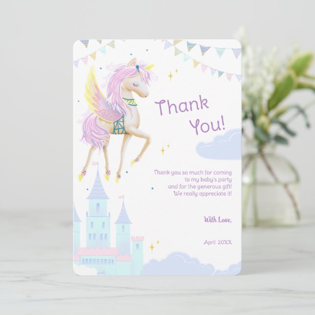 Flat Thank You Card for Birthday with Unicorn. (Standing Front)