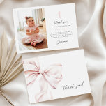 Flat Thank You Card Pink Bow With Photo<br><div class="desc">Baptism thank you card that features pink bow and a simple pink cross on an ivory background.</div>