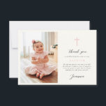 Flat Thank You Card Pink Stripes With Photo<br><div class="desc">Baptism thank you card that features pink stripes and a simple pink cross on an ivory background.
Placeholder photo by Freepik.</div>