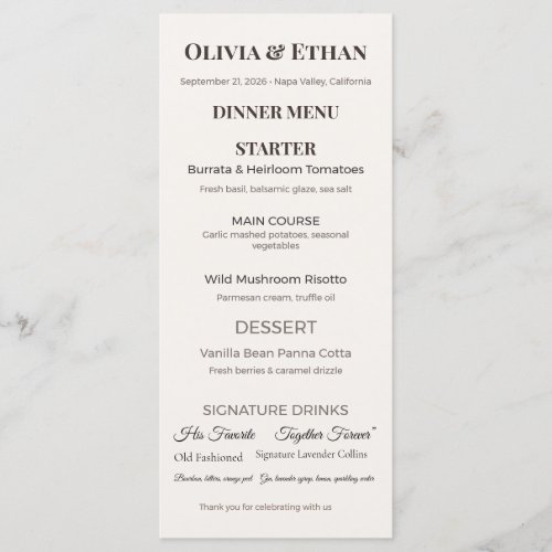 Flat Wedding Menu | Elegant Custom Reception Card