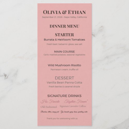 Flat Wedding Menu | Elegant Custom Reception Card
