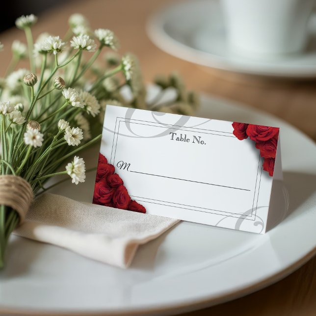 Flat Wedding Place Card with Red Roses (Red Rose Place Card)