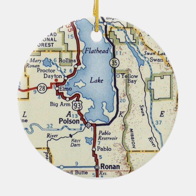 Flathead Lake MT Vintage Map Ceramic Ornament (Back)