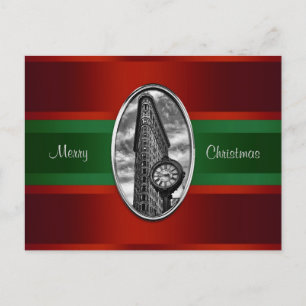Flatiron Bldg Red Gradient, Red Grn Ribbon Xmas Holiday Postcard