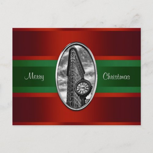 Flatiron Bldg Red Gradient Red Grn Ribbon Xmas Holiday Postcard