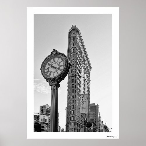 Flatiron Building and Clock in Black and White 2 Poster