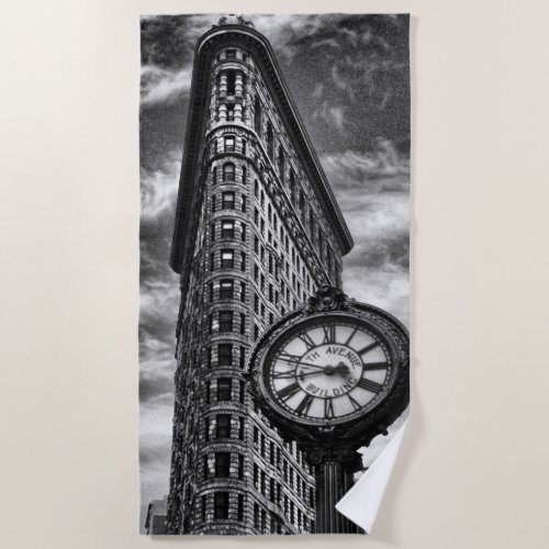 Flatiron Building and Clock in Black and White Beach Towel