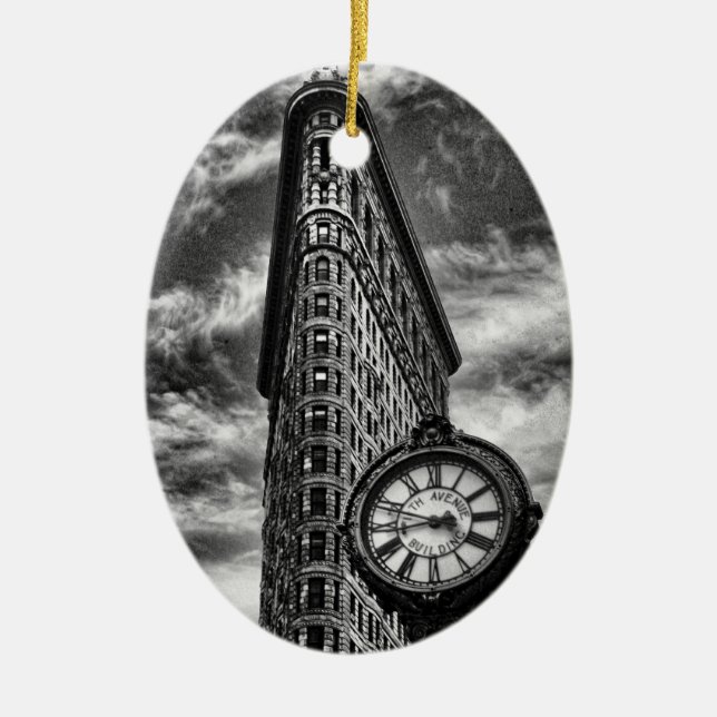 Flatiron Building and Clock in Black and White Ceramic Ornament (Front)