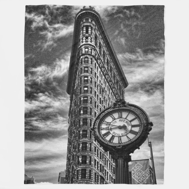 Flatiron Building and Clock in Black and White Fleece Blanket (Front)