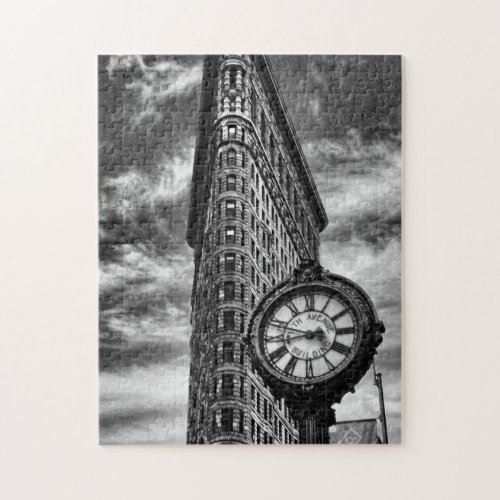 Flatiron Building and Clock in Black and White Jigsaw Puzzle