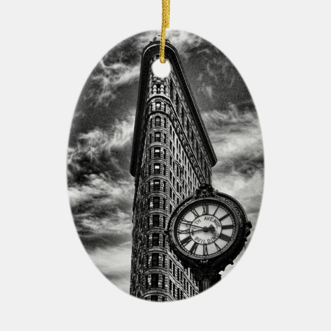 Flatiron Building and Clock in Black and White O Ceramic Ornament (Front)