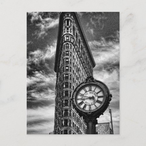 Flatiron Building and Clock in Black and White Postcard