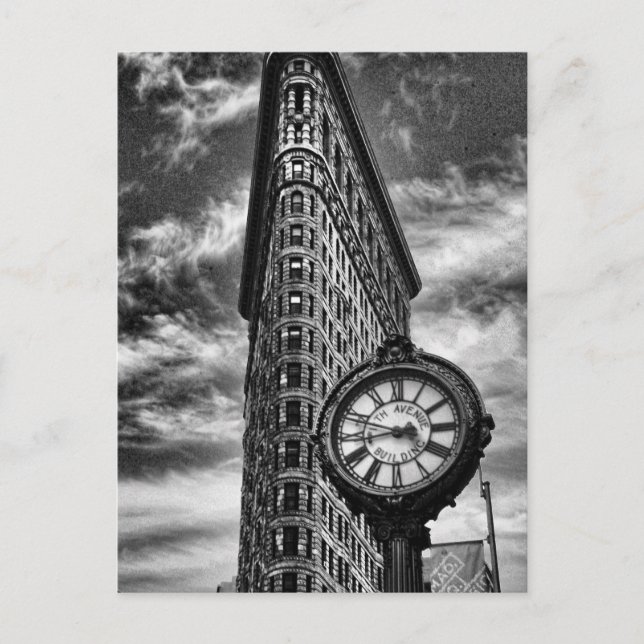 Flatiron Building and Clock in Black and White Postcard (Front)