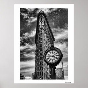 Flatiron Building and Clock in Black and White Poster