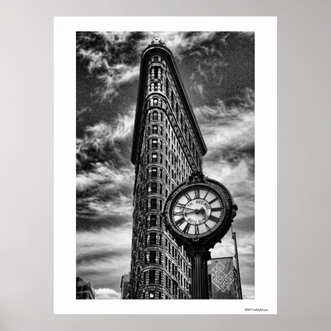 Flatiron Building and Clock in Black and White Poster (Front)