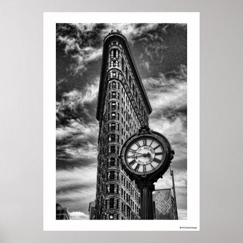 Flatiron Building and Clock in Black and White Poster