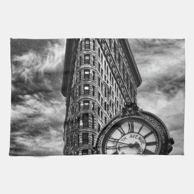 Flatiron Building and Clock in Black and White Towel (Horizontal)