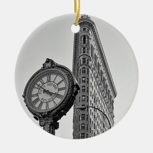Flatiron Building and Clock in Black White #2 Ceramic Ornament (Front)
