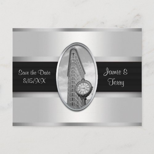 Flatiron Building White Silver BW Save the Date Announcement Postcard