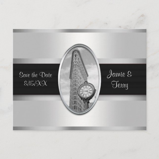 Flatiron Building White Silver BW Save the Date Announcement Postcard (Front)