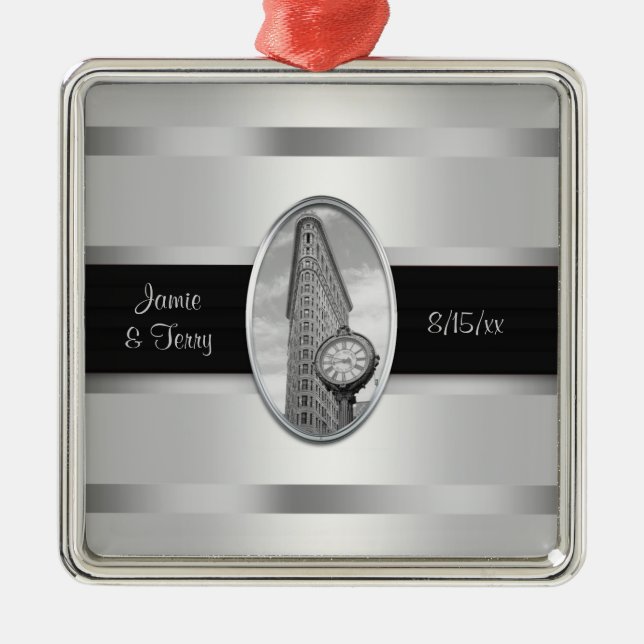 Flatiron Building White Silver BW Wedding Ornament (Front)