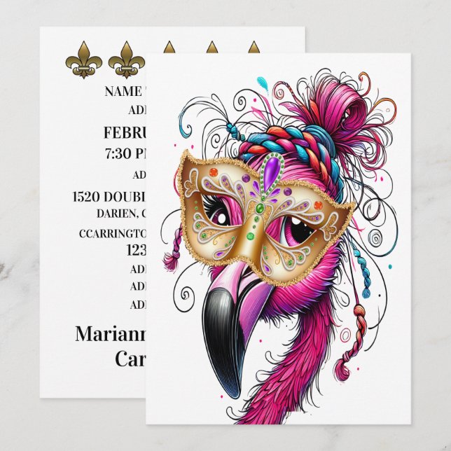 Flaunty Flamingo Mardi Gras  Invitation (Front/Back)