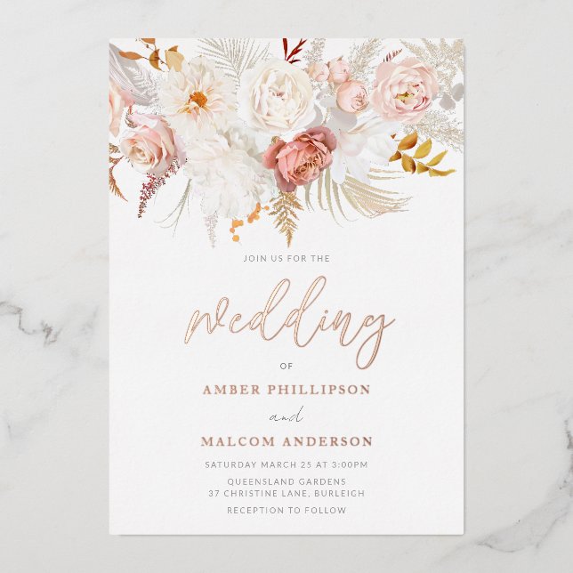 Flawless Rose Gold & Blush Floral Wedding Foil Invitation (Front)
