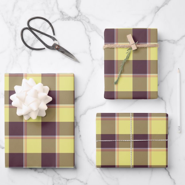 Flax and Livid Brown Plaid Yellow Wrapping Paper Sheets (Front)