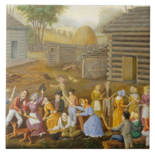 Flax Scutching Bee, 1885 (oil on bed ticking) Ceramic Tile