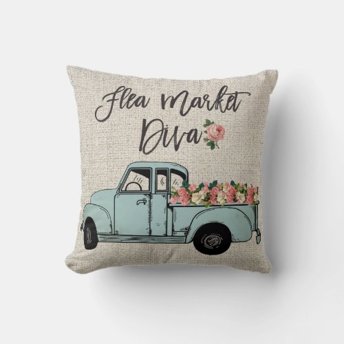 Flea Market Diva Vintage Pickup Truck Throw Pillow