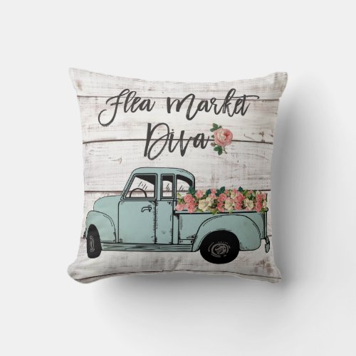 Flea Market Diva Vintage Pickup Truck Throw Pillow