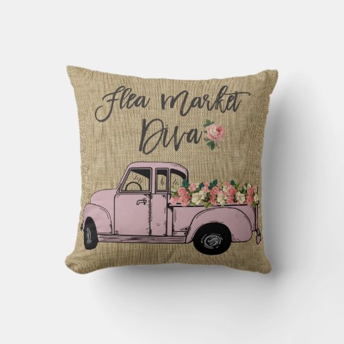 Flea Market Diva Vintage Pickup Truck Throw Pillow - Floral Rustic Farmhouse Flea Market Diva Flea Market Queen Vintage Pickup Truck Faux Burlap LinenThrow Pillow