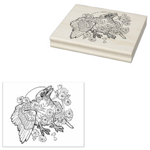 Fledgeling Raven with apple blossums Rubber Stamp