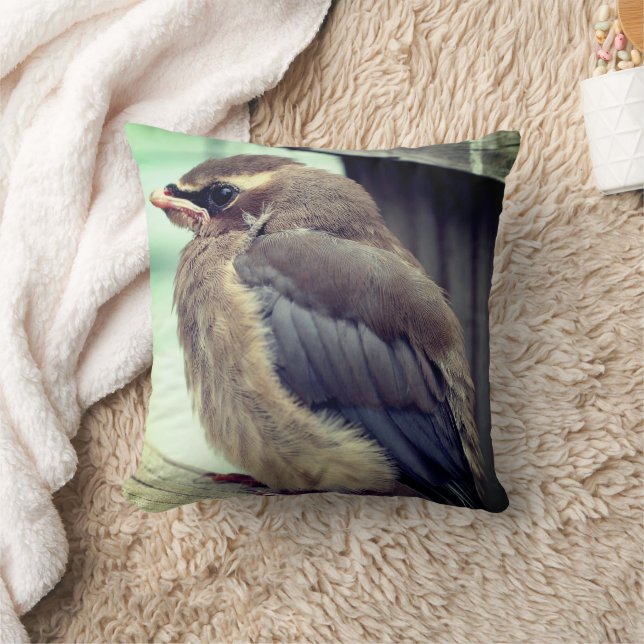 Fledgling Baby Cedar Waxwing Bird   Throw Pillow (Blanket)