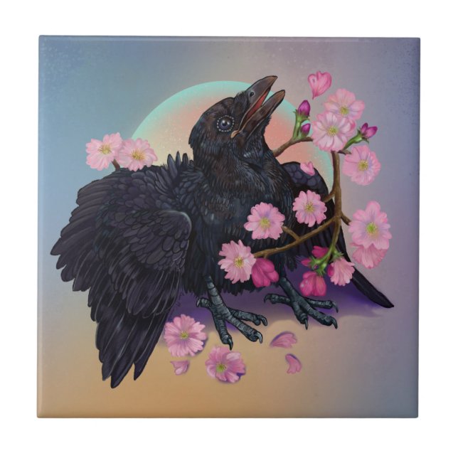 Fledgling Crow with apple blossoms  Ceramic Tile (Front)
