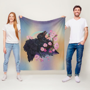Fledgling Crow with apple blossoms Fleece Blanket