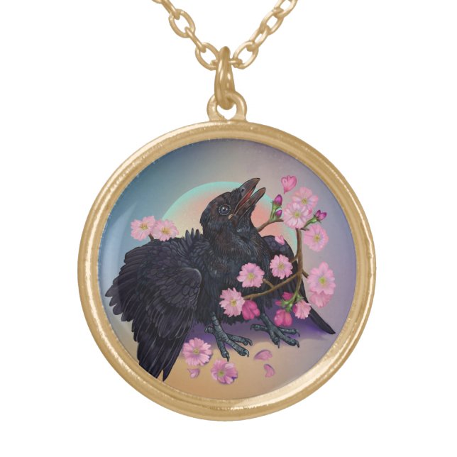 Fledgling Crow with apple blossoms  Gold Plated Necklace (Front)
