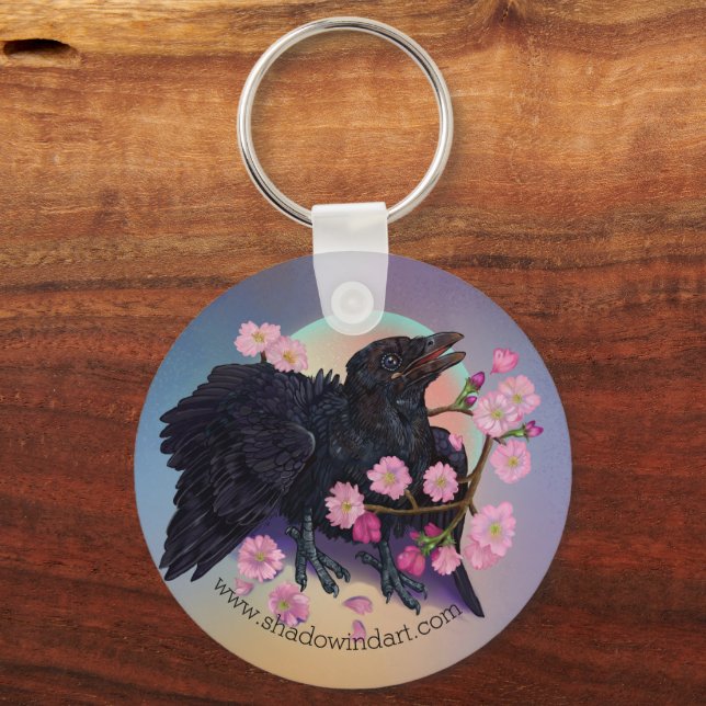 Fledgling Crow with apple blossoms Keychain (Front)