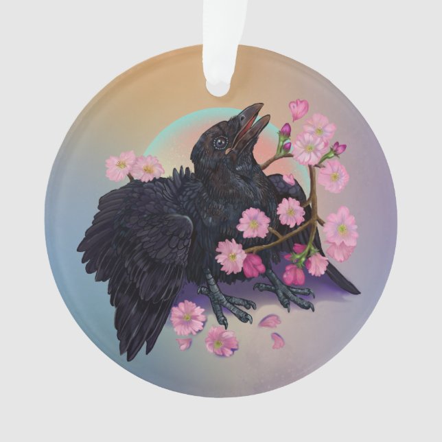 Fledgling Crow with apple blossoms  Ornament (Front)